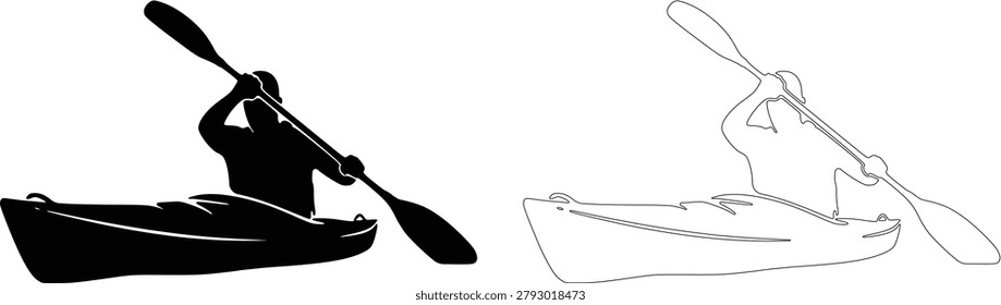 KAYAKER Silhouette and Outline Vector Art Design in one frame.