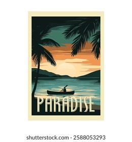 Kayaker at Sunset Paradise Beach vector illustration