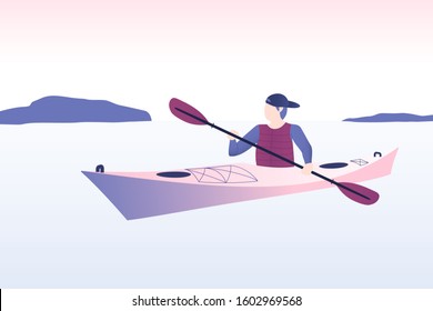 Kayaker swimming in the kayak. Kayak in the lake or sea. Outdoor sport, travel or outdoor activity concept. Purple color. Flat vector illustration