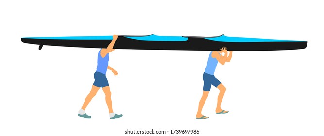 Kayakers carries kayak on they shoulders, before entering in water (river,lake, ocean, sea) vector  illustration isolated on white background. Sport man kayak crew practice rafting on training. 