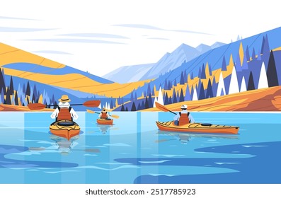 Kayakers on lake surrounded by mountains outdoor adventure nature scenic landscape vibrant colors digital art travel recreation water sports