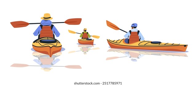 Kayakers paddling on calm water wearing life jackets and helmets vibrant colors reflecting in water outdoor adventure recreation