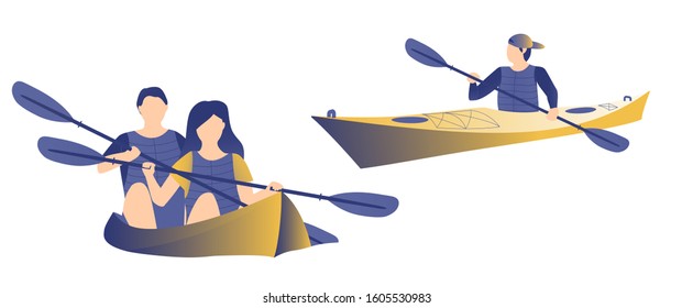 Kayakers swimming in the kayak on white isolated background. Happy couple making outdoor sport. Outdoor sport, travel or outdoor activity concept. Yellow and blue color. Flat vector illustration