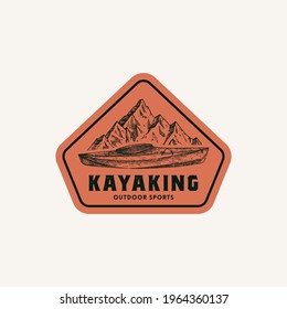 Kayaking Abstract Frame Sign, Symbol or Logo Template. Hand Drawn Kayak or Canoe Boat and Mountains Lanscape Sketch with Typography and Borders. Outdoor Water Sports Vector Emblem Concept. Isolated.