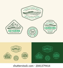 Kayaking Abstract Frame Signs, Labels or Logo Templates Collection. Hand Drawn Kayak or Canoe Boat and Mountains Lanscape Sketch with Typography. Water Sports Vector Emblems Bundle. Isolated.