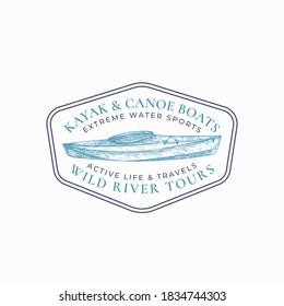 Kayaking Abstract Sign, Symbol or Logo Template. Hand Drawn Kayak or Canoe Boat Sketch in a Frame Badge with Modern Typography. Water Sports Vector Emblem Concept. Isolated.