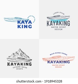 Kayaking Abstract Signs, Symbols or Logo Templates Collection. Hand Drawn Kayak or Canoe Boat and Mountains Lanscape Sketch with Typography. Water Sports Vector Emblems Concept Bundle. Isolated.