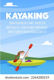 Kayaking active water sports vacation banner design, flat vector illustration. Advertising banner or poster template for kayaking and river rafting trip.