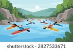 Kayaking adventure flat vector illustration features a group of active people paddling colorful boats down a scenic mountain river.