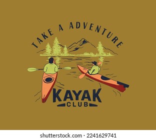 kayaking adventure in mountain lake vector illustration with logotype print design