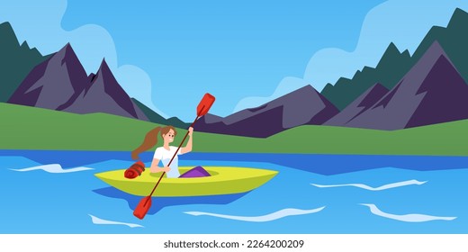 Kayaking adventure scenery background, flat cartoon vector illustration. River summer landscape backdrop with tourist floating in kayak or canoe boat.