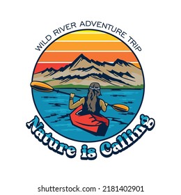 Kayaking adventure vector illustration design in vintage , perfect for tshirt design