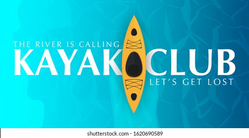 Kayaking banner with top view on the yellow kayak. Summer Sea activities