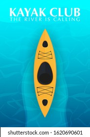Kayaking banner with top view on the yellow kayak. Summer Sea activities