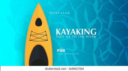 Kayaking banner with top view on the yellow kayak. Summer Sea activities