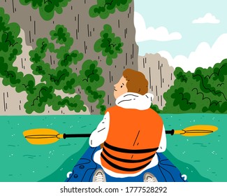 Kayaking at beautiful and exotic river, boy in kayak boat, safe sport, vector illustration