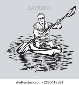 Kayaking Black and White Vector Graphics Illustration