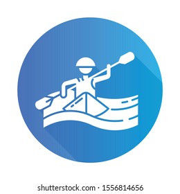 Kayaking blue flat design long shadow glyph icon. Canoeing watersport, extreme underwater kind of sport. Risky and adventurous leisure on boat with puddle.Vector silhouette illustration