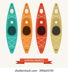 Kayaking boats in different vintage colors. Kayak vector icon set isolated on white background. Rafting pictogram for website and application