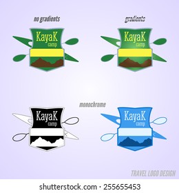 Kayaking camp badge and logo design. Expedition label and sticker. Unusual design. Summer outdoor adventures. Colorful. Vector illustration