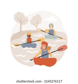 Kayaking camp isolated cartoon vector illustration. Children kayaking, canoeing adventure, rafting activity for kids, rowing team, spot summer camp, outdoor classes, education vector cartoon.