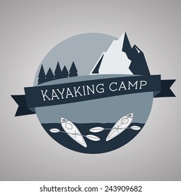 Kayaking camp logo. Expedition label and sticker. Unusual design. Summer outdoor adventures. Vector
