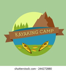 Kayaking camp logo. Expedition label and sticker. Unusual design. Summer outdoor adventures. Colorful. Vector
