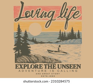 Kayaking and camping design. The lake my happy place. Outdoors vector print design for t-shirt. Loving live at the lake.