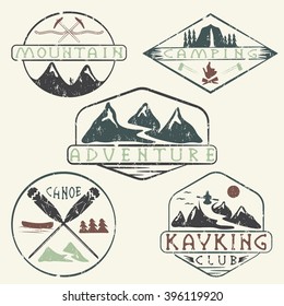 kayaking, camping,climbing and adventure vintage grunge labels set