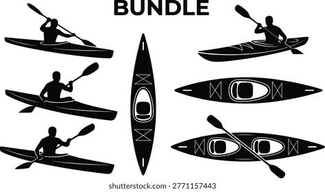 Kayaking and canoeing bundle, outdoor water sports activity icons, rowing man in boat, river adventure symbols for lake recreation, summer hobby, travel vacation graphics.