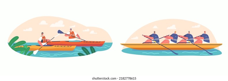 Kayak, Canoa o Rafting Sport Competition. Deportistas Rando en Kayaks, Extrema Actividad, Campeonato Deportivo de Agua Doble Remolque de Equipo. La Gente Fila En El Concepto De Barco. Ilustración del vector de dibujos animados