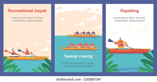 Kayak, Canoeing Sport Competition Banners. Deportistas Barran Remando en Kayaks, Actividad Extrema, Campeonato Deportivo Acuático, Gente En Barco. Ilustración de vectores de caricatura, afiches