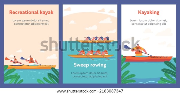 Kayaking, Canoeing Sport Competition Banners.\
Sportsmen Sweep Rowing in Kayaks, Extreme Activity, Championship\
Water Sports Games, People Team Row In Boat. Cartoon Vector\
Illustration,\
Posters