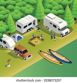 Kayak canotaje paseos camping composición isométrica con todos los vehículos carpas camping turistas campfire campfire botes en la orilla del río vector ilustración