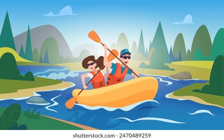 Kayaking. Cartoon background illustration of water extreme rafting exact vector template