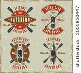 Kayaking club set of four colored round emblem, badge, label or logo vector illustration in retro style with grunge textures and scratches