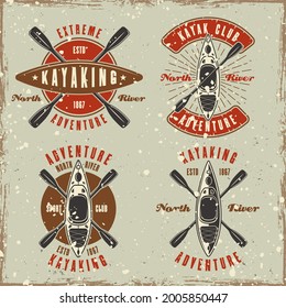 Kayaking club set of four colored round emblem, badge, label or logo vector illustration in retro style with grunge textures and scratches