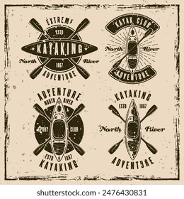 Kayaking club set of vector emblems, badges, labels illustration in retro style with grunge textures and scratches