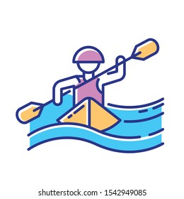 Kayaking color icon. Canoeing watersport, extreme underwater kind of sport. Recreational outdoor activity and hobby. Risky and adventurous leisure on boat with puddle. Isolated vector illustration