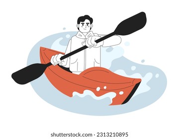 Kayaking competition concept hero image. Sea kayaker 2D cartoon outline character on white background. Leisure activity. Rafting isolated black and white illustration. Vector art for web design ui