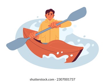 Kayaking competition conceptual hero image. Sea kayaker 2D cartoon character on white background. Leisure activity. Water rafting isolated concept illustration. Vector art for web design ui