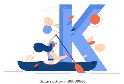 Kayaking concept illustration with woman in kayak and large letter K on background. Vector scene good for water sport school and club isolated on white