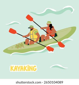  Kayaking down the river. Vector cartoon illustration of characters sitting in a boat and rowing through the water. Green, yellow, orange, blue colors. Man and woman in life vests. Active recreation.