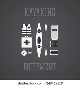 Kayaking equipment icons set. Kayak illustration on a grayscale design. With tent, compass, mobile device, binoculars, life jacket, matches and medicine chest. Vector illustration