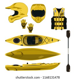 Kayaking equipment and protective gear icon set. Kayak boat with paddle, helmet, gloves and inflatable life jacket. Vector illustration isolated on white background. Flat style design.
