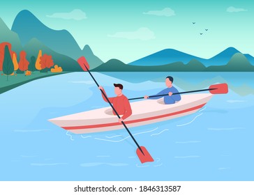 Kayaking flat color vector illustration. Canoeing for recreation. Athlete swimming with oar in boat. Active lifestyle. Watersport team 2D cartoon characters with landscape on background