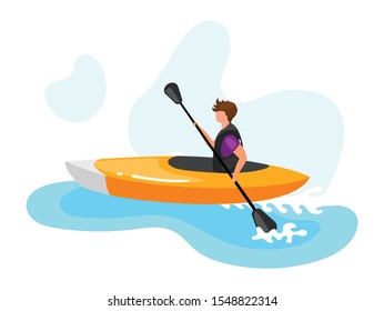 Kayaking flat vector illustration. Extreme sports experience. Active lifestyle. Summer vacation outdoor fun activities. Ocean turquoise waves. Sportsman isolated cartoon character on blue background