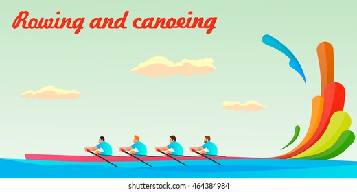 kayaking of four people in the team . At the Summer Games . Rio, Brazil . Illustration, vector ,