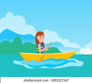 Kayaking girl sitting in boat and holding oar, summer sport activity outside, vector illustration at background of coastline in sea