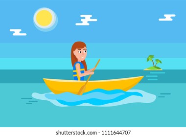 Kayaking girl sitting in boat and holding oar, summer sport activity outside, cartoon flat vector illustration, blue waters with palms on island.